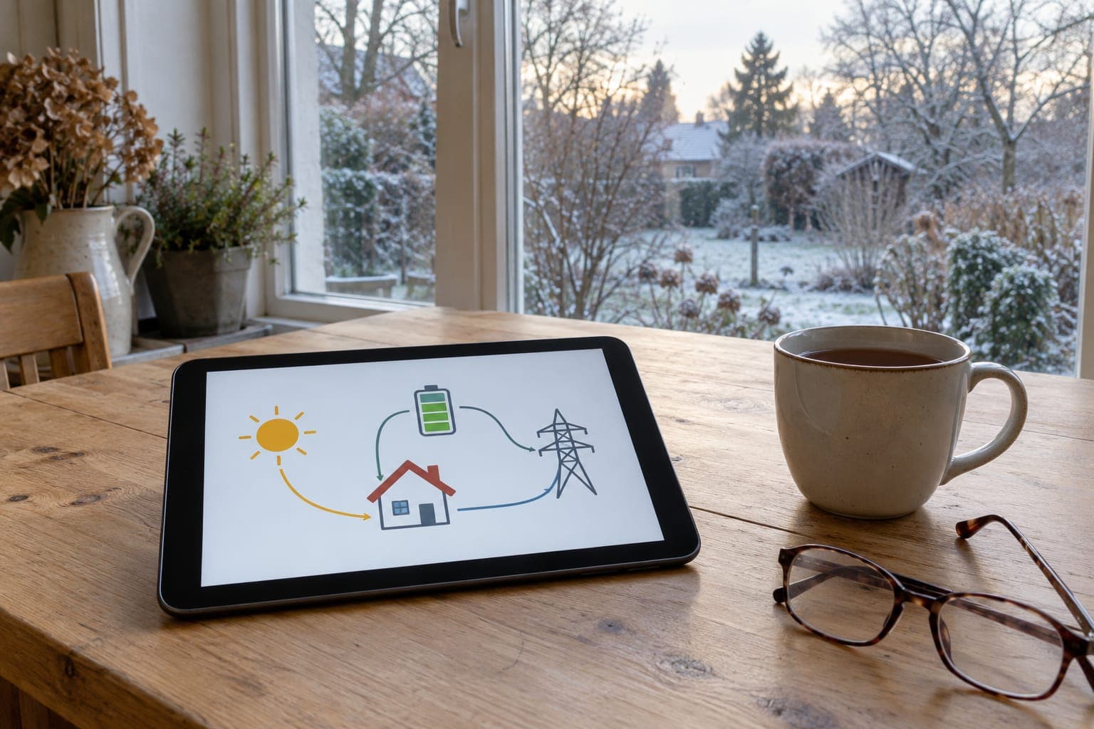 Tablet mit Energiefluss von Sonne, Haus, Batteriespeicher und Stromnetz auf einem Küchentisch