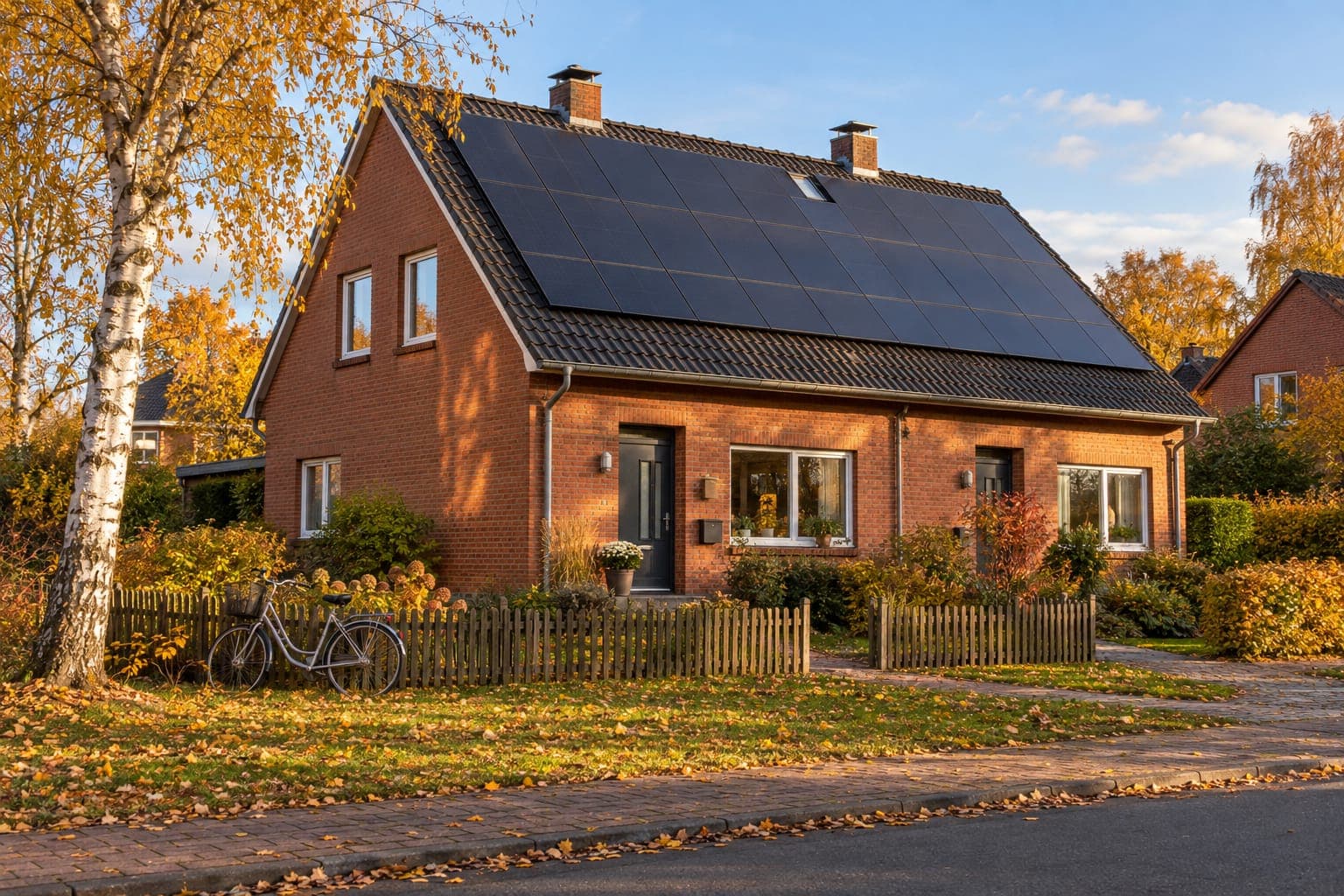 Lohnt sich Photovoltaik in Lüneburg? Klinkerhaus mit Solaranlage auf dem Satteldach im Herbst