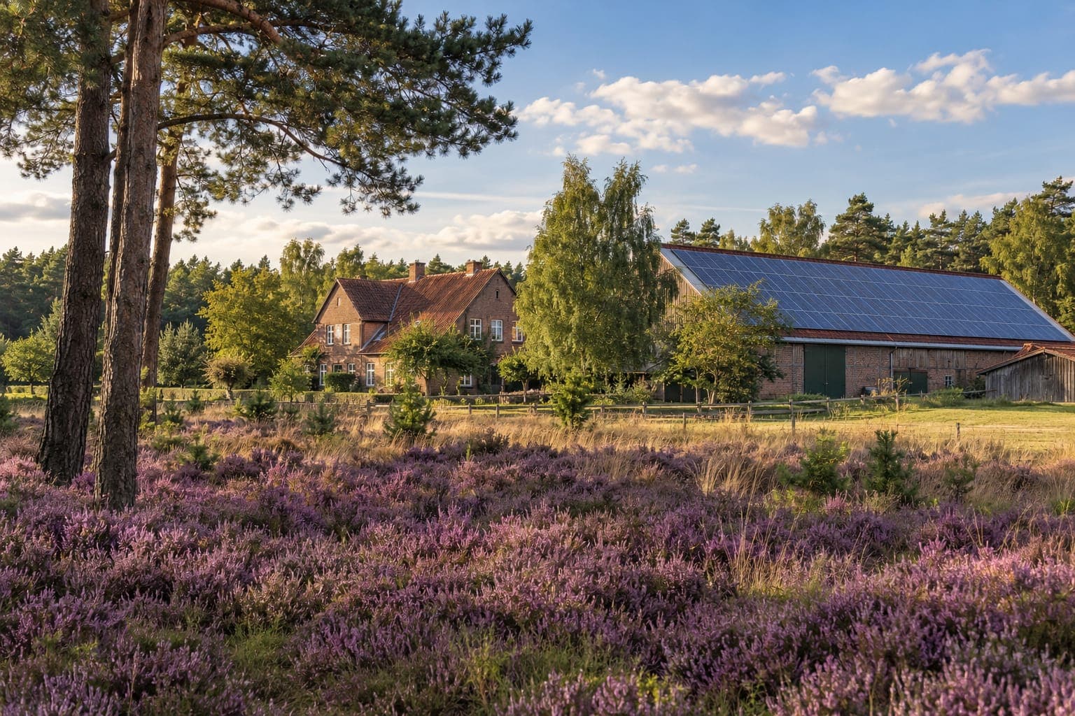 Photovoltaik im Landkreis Lüneburg: Scheunendach mit Solarmodulen am Rand der Heide