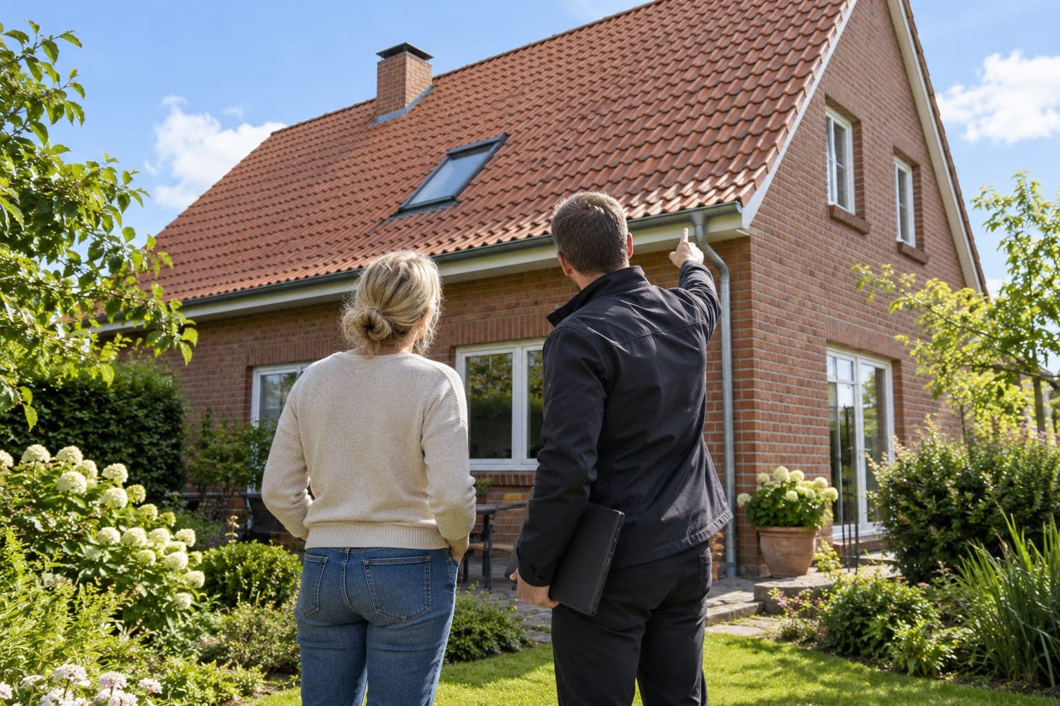 Solarberatung vor Ort im Landkreis Lüneburg: Berater zeigt auf das Dach eines Backsteinhauses