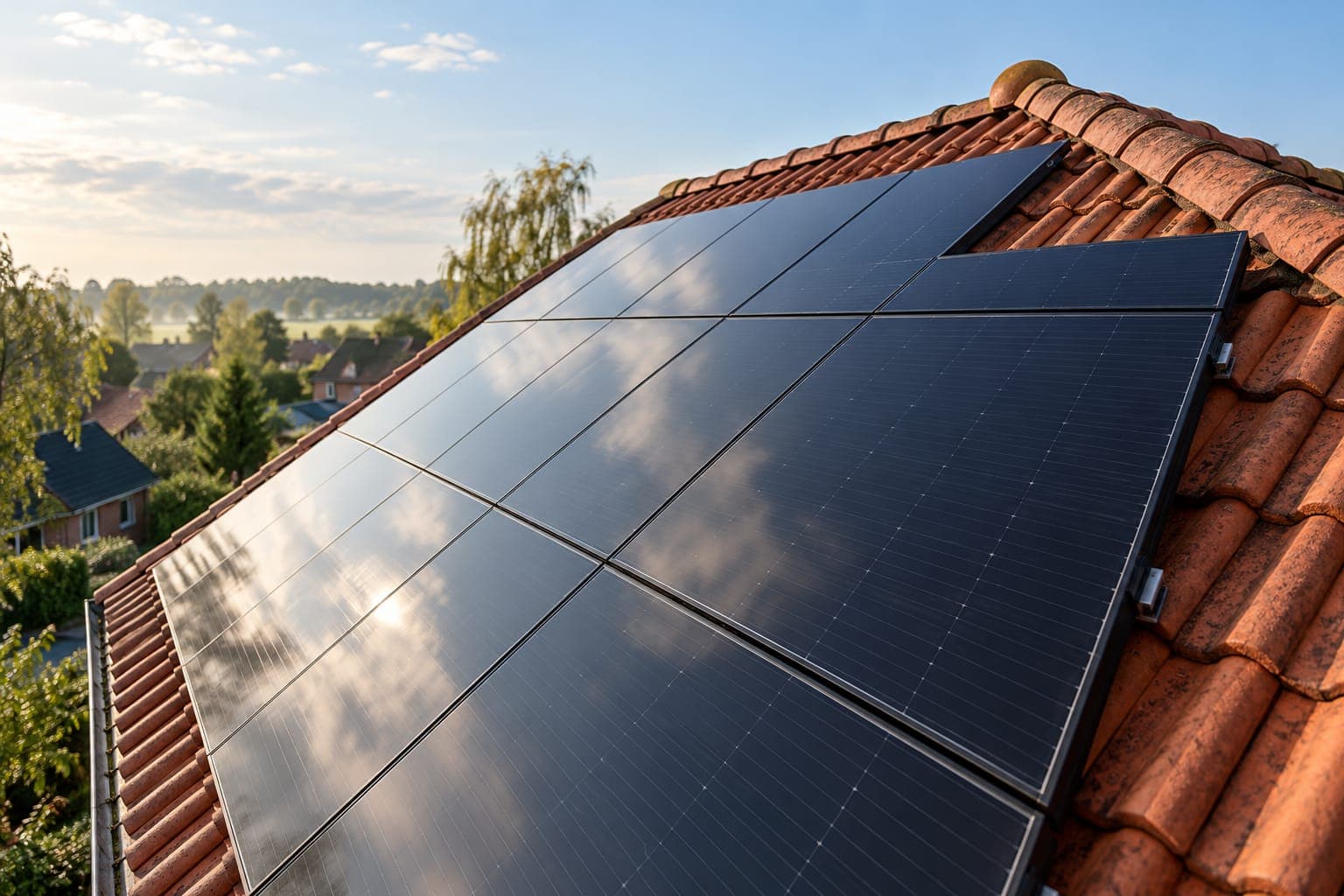Photovoltaik Kosten Lüneburg: Nahaufnahme von Solarmodulen auf einem roten Tondach