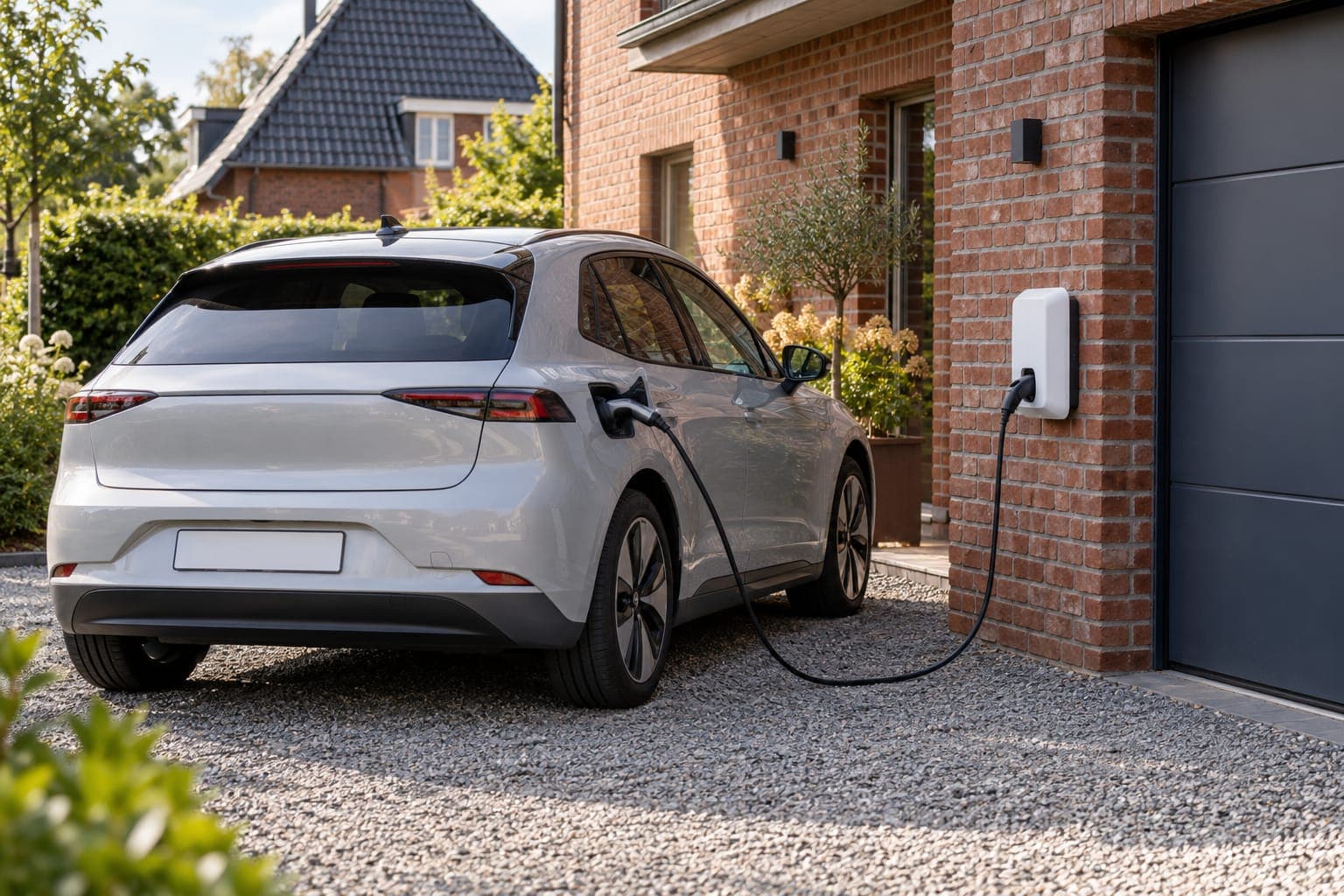 E-Auto lädt an einer Wallbox an der Klinkerfassade eines Hauses bei Lüneburg